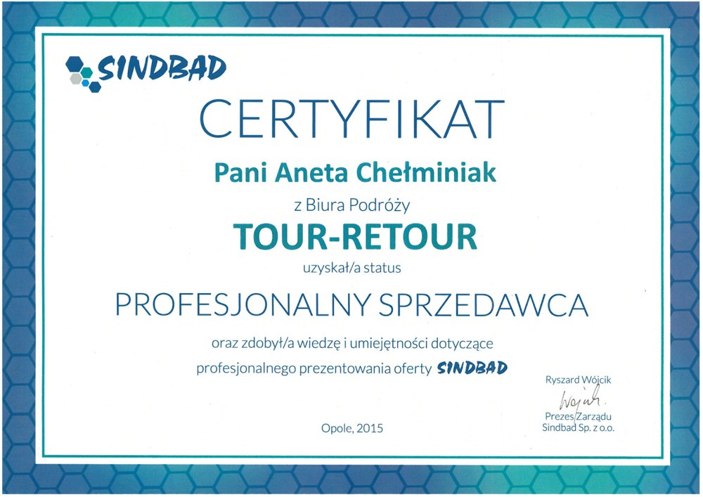 Sindbad — professional seller — Issued to Aneta Chełminiak of the Tour-Retour office