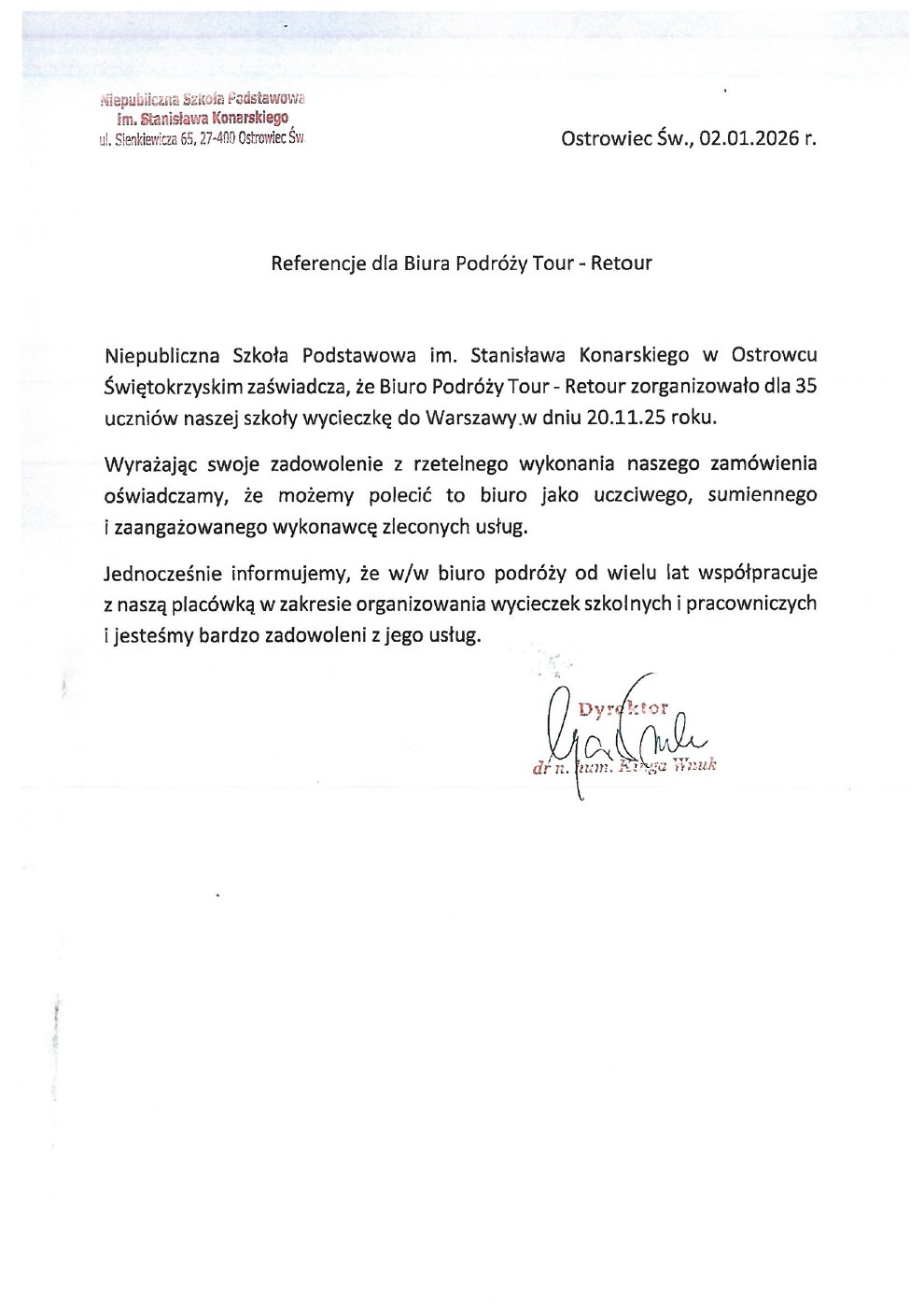 Referencje — Niepubliczna Szkoła Podstawowa im. Stanisława Konarskiego, 02.01.2026