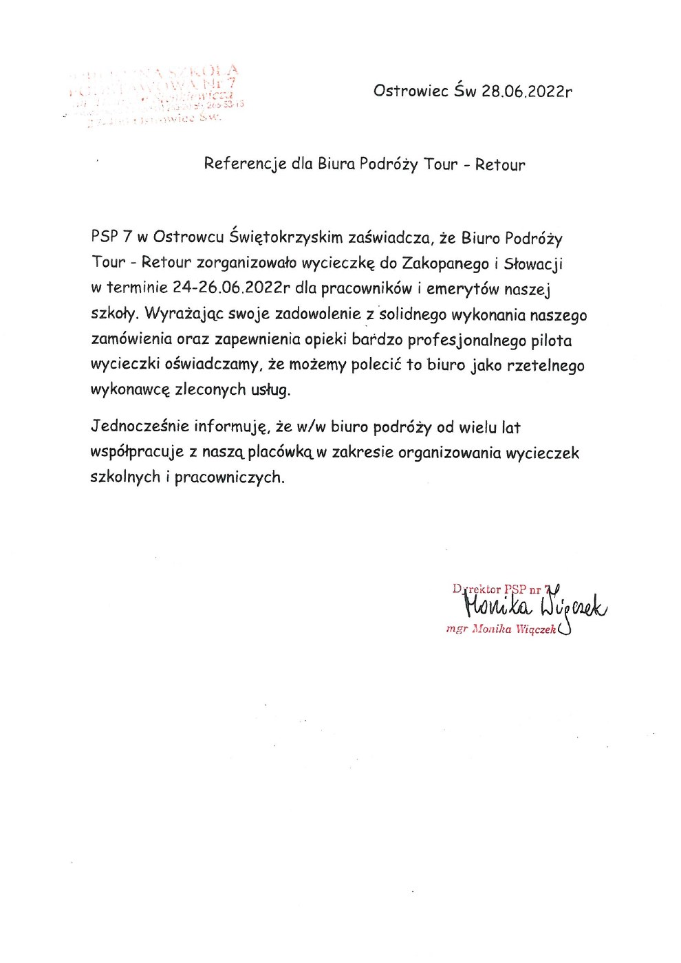 Referencje — Publiczna Szkoła Podstawowa nr 7 w Ostrowcu Świętokrzyskim, 28.06.2022