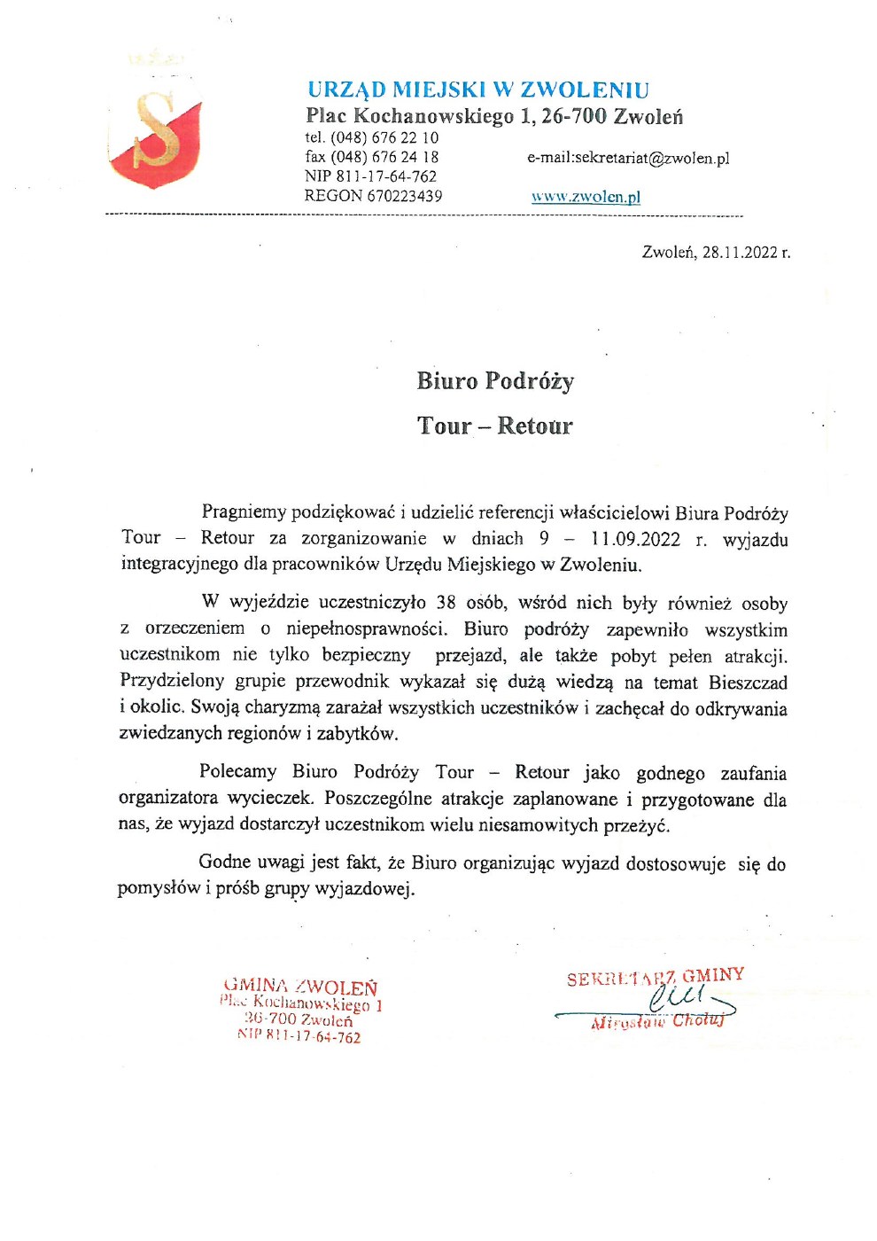 Referencje — Urząd Miejski w Zwoleniu, 28.11.2022