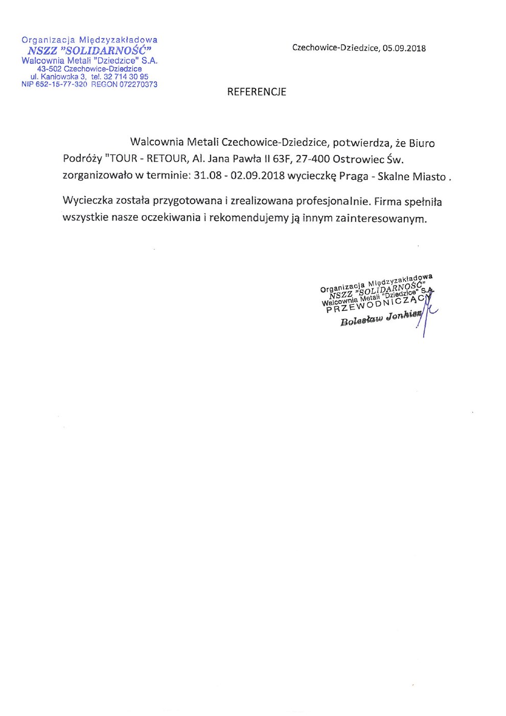 Referencje — NSZZ „Solidarność” — Walcownia Metali „Dziedzice” S.A., 05.09.2018