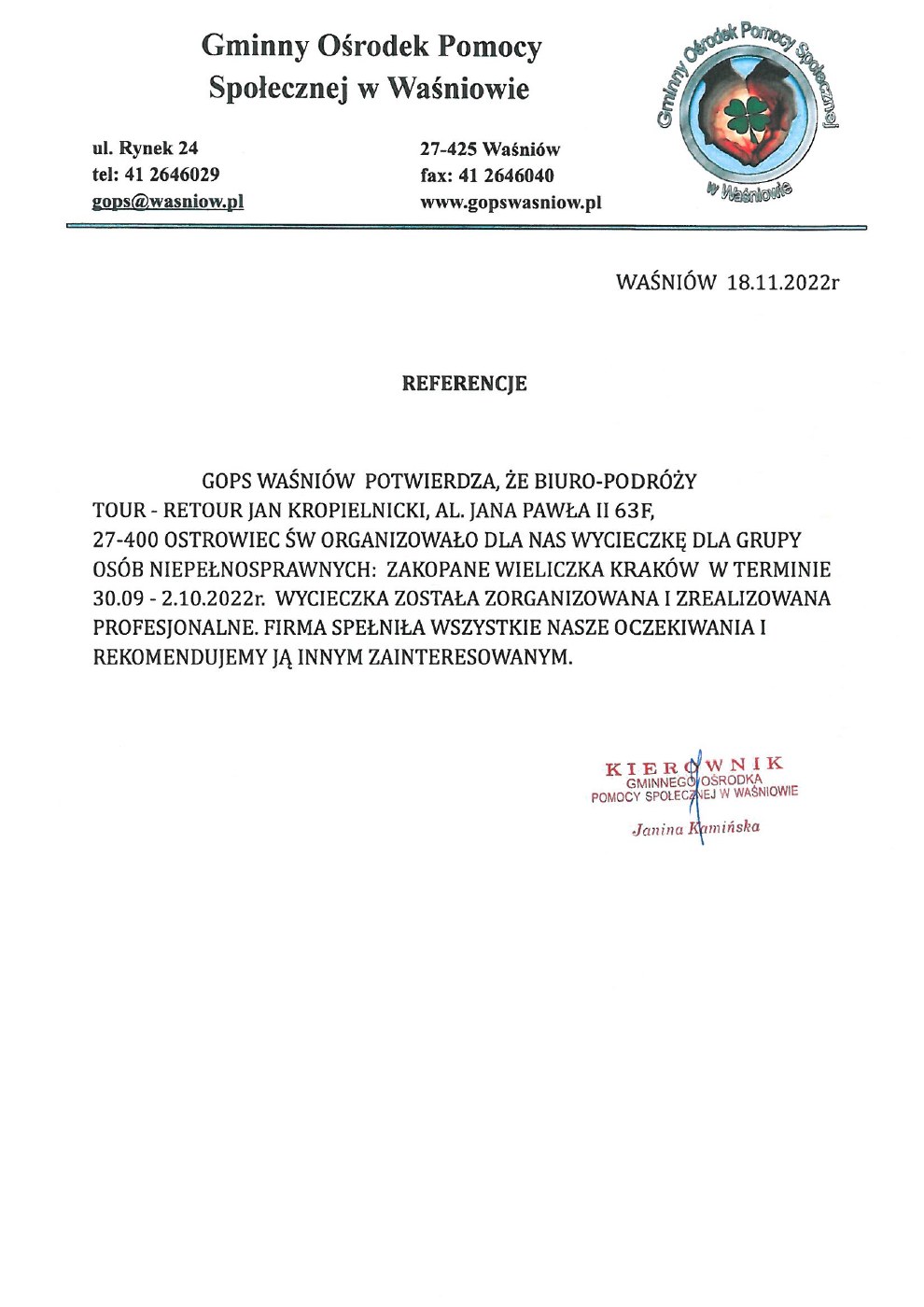 Referencje — Gminny Ośrodek Pomocy Społecznej w Waśniowie, 18.11.2022