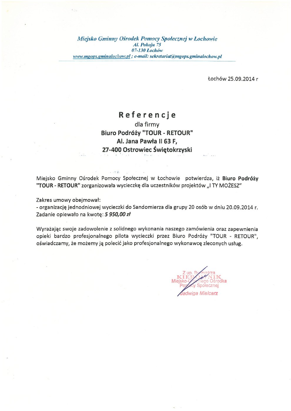 Referencje — Miejsko-Gminny Ośrodek Pomocy Społecznej w Łochowie, 25.09.2014
