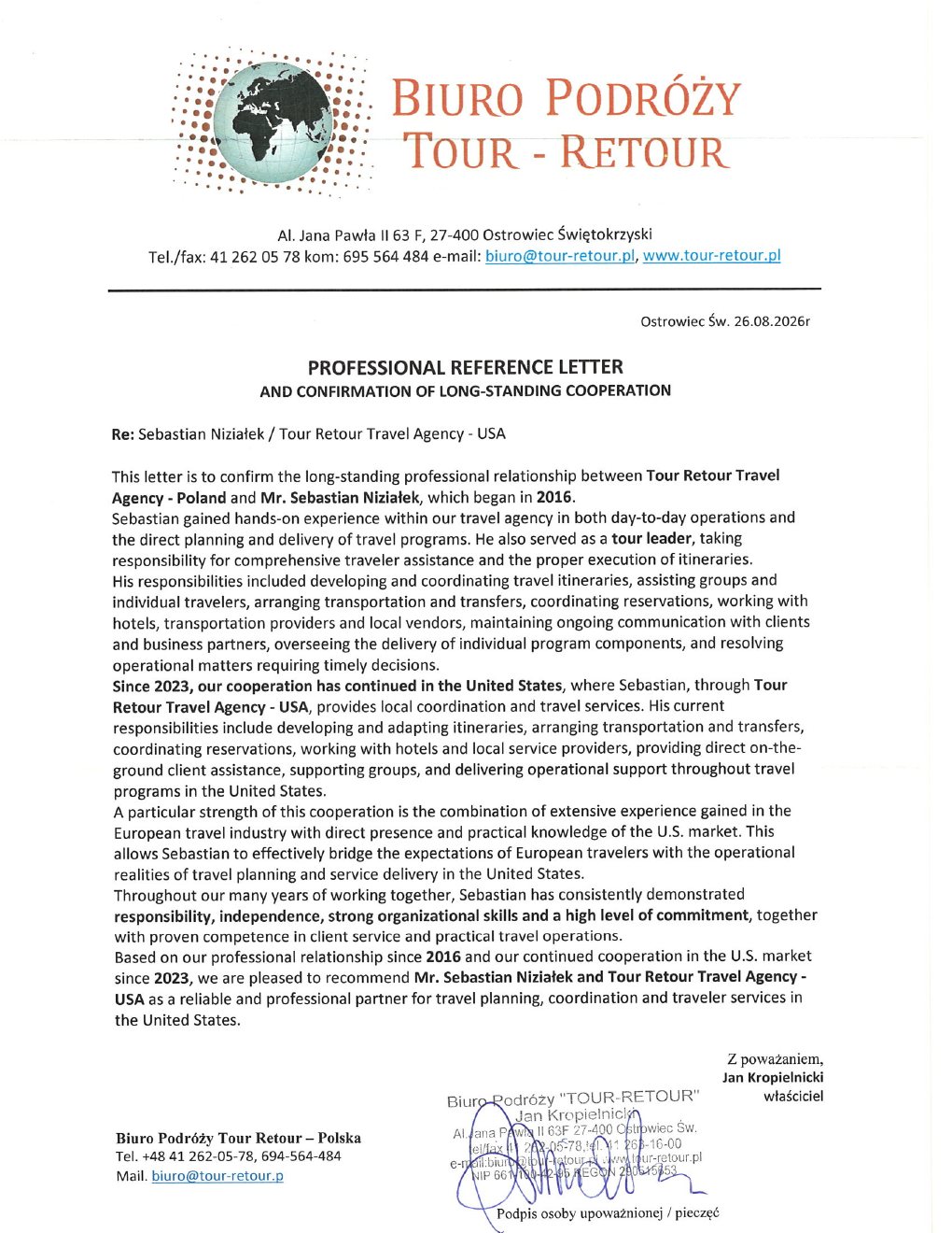 English professional reference letter from Tour Retour Travel Agency in Poland