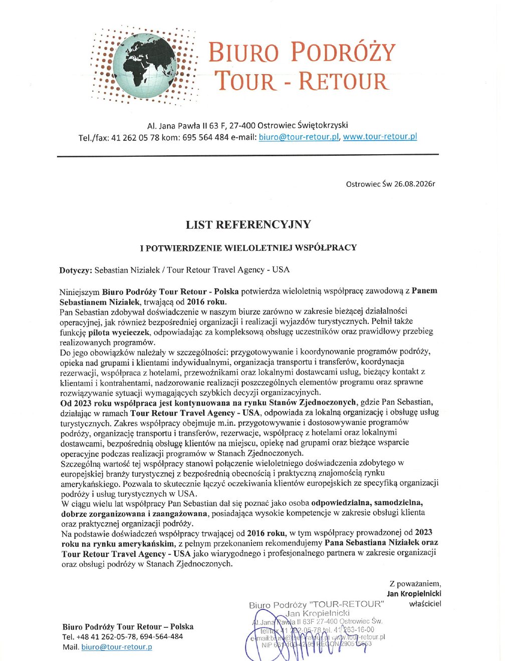 Polski list referencyjny od Biura Podróży Tour Retour w Polsce